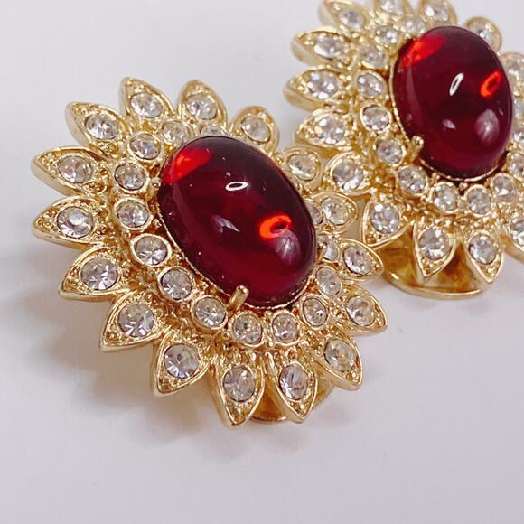 Vintage Arnold Scaasi Moghul Jewels Clip-On Earrings Signed Floral Red Cabochon - Picture 4 of 11